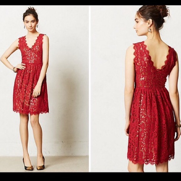 anthropologie red lace dress